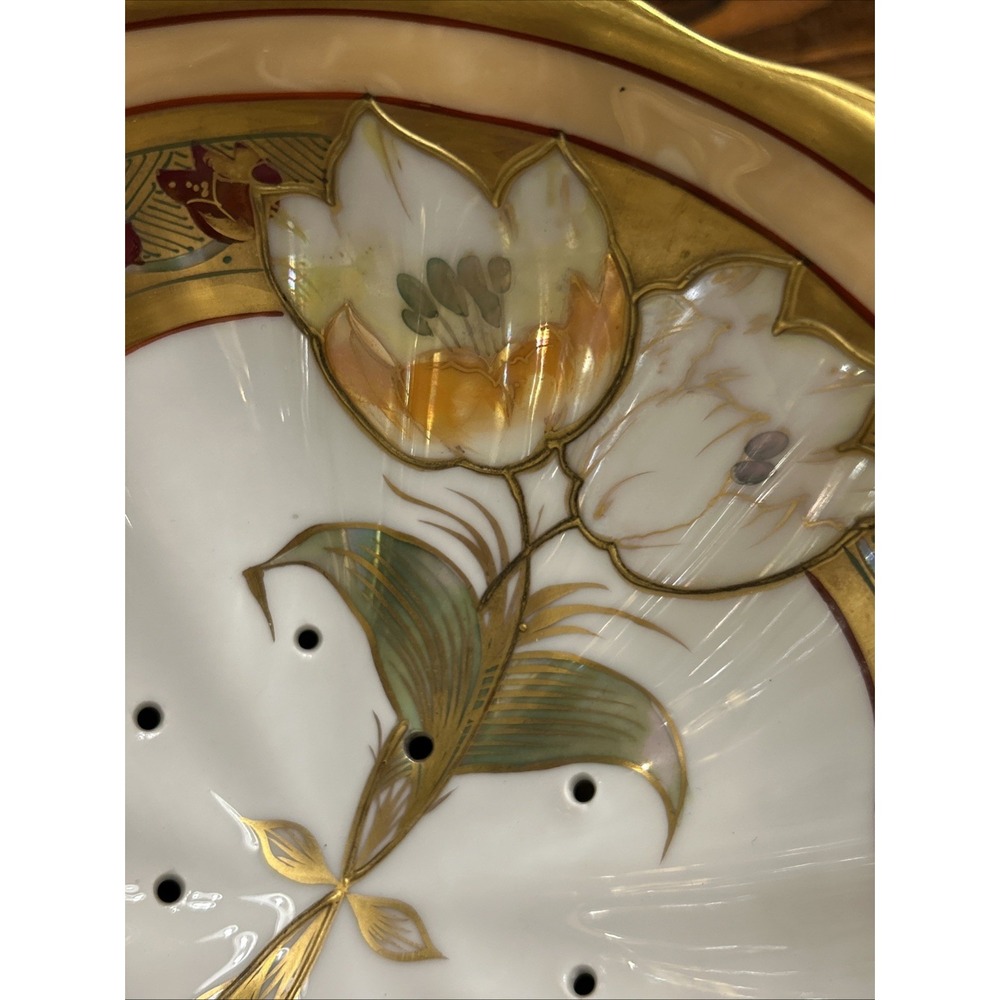 Antique T&V Limoges France Pickard Hand Painted Berry Bowl‎ Strainer Gold Gilt - Picture 5 of 11